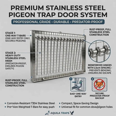 Stainless Steel Pigeon Trap With One Way Entry Gate And Lockable Mesh Door Dual Door Defense System For Loft Safety shown with mesh details.