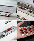 4Pcs Set Rock Solid Steel Slider Door Rollers With Silent Dual Nylon Wheels 16Mm Double Groove Design shown on sliding door track.