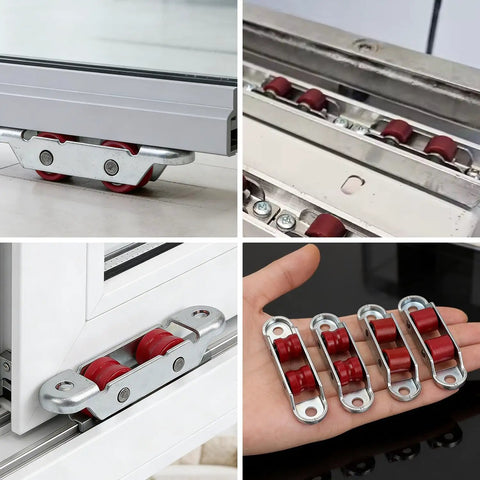4Pcs Set Rock Solid Steel Slider Door Rollers With Silent Dual Nylon Wheels 16Mm Double Groove Design shown on sliding door track.
