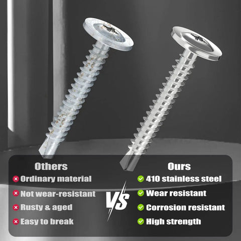 Comparison of two screws, highlighting Size 8 Self Tapping Screws Assortment Kit For Metal, 410 Stainless Steel Self Drilling Screws.