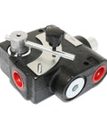 Front view of Summit Hydraulics adjustable flow control valve with relief, 0-30 GPM, 3/4 in NPT ports, black body.
