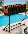 Heavy-Duty Freestanding Life Vest Holder And Gear Rack Boss-Grade Swivel-Wheel Dock Organizer near pool with vests