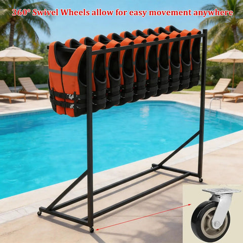 Heavy-Duty Freestanding Life Vest Holder And Gear Rack Boss-Grade Swivel-Wheel Dock Organizer near pool with vests