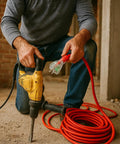 Person using Heavy Duty 50 Foot 10/3 Extension Cord With Triple Tap And Lighted Ends 15 Amp 1875 Watt Power Cable on job site.
