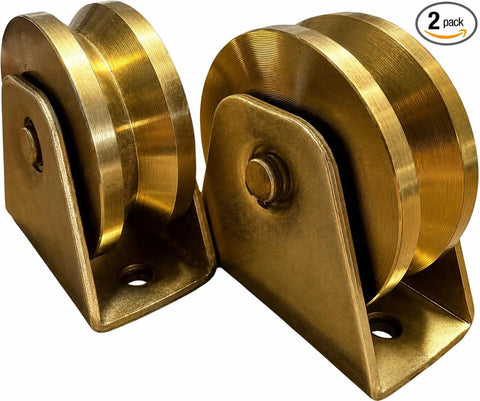 Rock Solid 3.5 Inch Heavy Duty Solid Steel V Groove Industrial Caster Wheel With Secure Locking Brake And Easy Bolt On Mounting Bracket Zinc Coated Finish For Pi Rail And Angle Iron Tracks Two Piece, showcasing a dual pack of bronze-colored caster wheels.