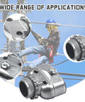 Heavy Duty Metal Conduit Connectors 5 Pack Double Outlet Wire Harness Clamps 3/8 Inch Cables on job site with worker handling wires.