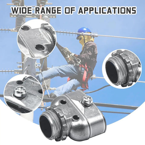 Heavy Duty Metal Conduit Connectors 5 Pack Double Outlet Wire Harness Clamps 3/8 Inch Cables on job site with worker handling wires.