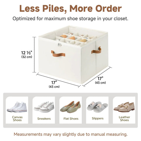 Foldable Shoe Storage Box With Clear Cover And Adjustable Dividers Stash 16 Pairs In A Closet Or Entryway Organizer Durable Beige Cubby Containers For Easy Decluttering And Quick Access with dimensions shown