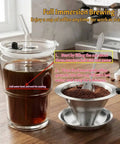 Single Serve Immersion Coffee Maker With Glass Pour Over Dripper And Reusable Stainless Steel Filter Manual Brew On The Go Coffee Maker For Home Office Travel 380ml Cup with instructions.