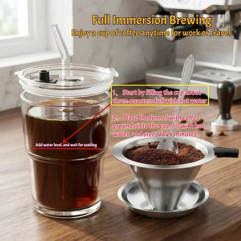 Single Serve Immersion Coffee Maker With Glass Pour Over Dripper And Reusable Stainless Steel Filter Manual Brew On The Go Coffee Maker For Home Office Travel 380ml Cup with instructions.