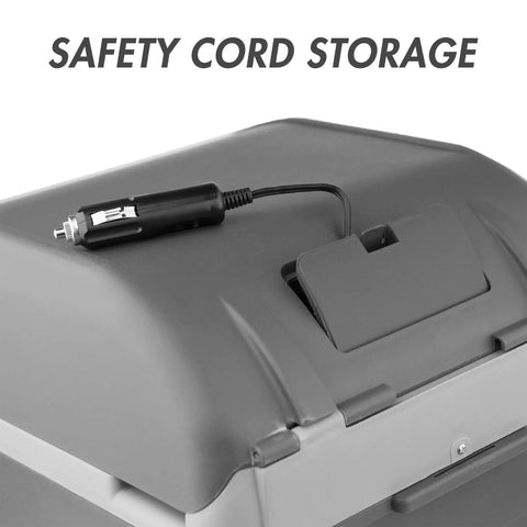 Portable 14 Liter Thermoelectric Cooler Warmer With 12 Volt DC Power showing convenient safety cord storage feature.