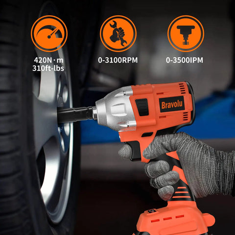 Cordless Impact Wrench With Brushless Motor 21V Max Beast Torque 310 ft lbs Half Inch Drive 4Ah Battery in action on tire