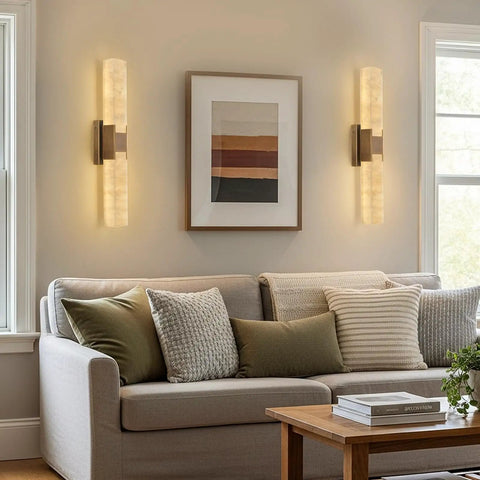Natural Alabaster Brass Wall Sconce, Modern Indoor Bathroom Vanity Light installed beside a sofa in a cozy living room.