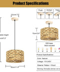 Natural Rattan Chandelier With Handwoven Wicker Pendant Light product specifications and adjustable height details.