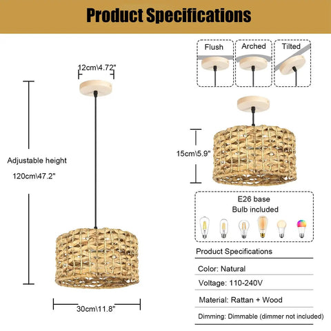 Natural Rattan Chandelier With Handwoven Wicker Pendant Light product specifications and adjustable height details.