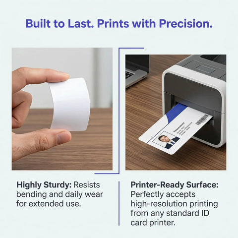 Heavy Duty 50 Piece Set Blank White Pvc Id Cards Dual Sided Printable With Smart Chip Access being printed from a card printer.