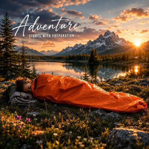 Person in orange Emergency Sleeping Bag Reflective Mylar Heat Retention, Lightweight Portable Survival Gear for Outdoor Adventures