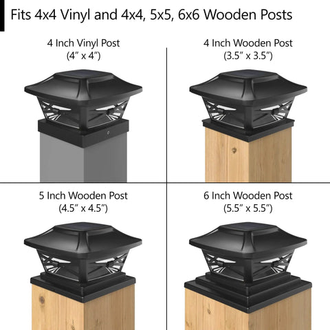 Solar Powered Post Cap Lights For 4x4 5x5 6x6 Posts With Bases Slate Black shown on various wooden posts
