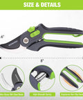 8-inch bypass pruning shears with SK5 steel blades, dual opening for cutting thin and thick branches, ergonomic handle design.