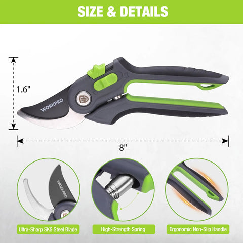 8-inch bypass pruning shears with SK5 steel blades, dual opening for cutting thin and thick branches, ergonomic handle design.
