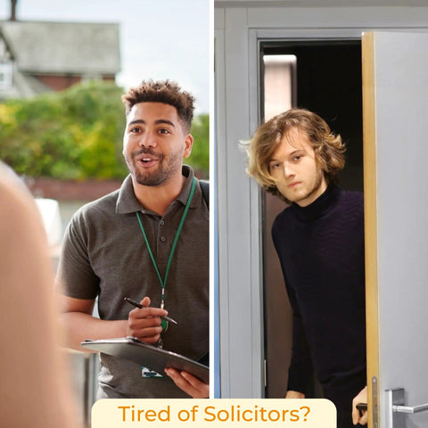 Person approaching a door with no soliciting sign; another person answering, illustrating need for No Soliciting Sign For Home And Office.