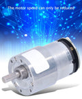 Front view of a silver DC gear motor with metal gearbox and protruding shaft.