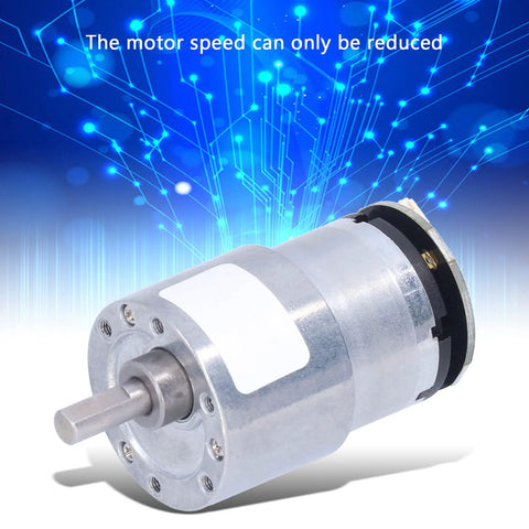 Front view of a silver DC gear motor with metal gearbox and protruding shaft.