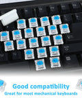 Blue 3 Pin Pre Lubricated Clicky Mechanical Keyboard Switches Pack Of 72 on black keyboard with cleaning brush