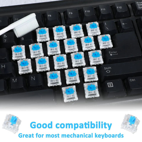 Blue 3 Pin Pre Lubricated Clicky Mechanical Keyboard Switches Pack Of 72 on black keyboard with cleaning brush