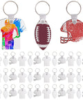 Dope 36 Pack Sublimation Keychain Blanks In 3 Styles Jerseys Helmets Rugby Balls Double Sided MDF Metal DIY Heat Transfer Key Chains For Custom Crafts And Sports Fan Gifts showing colorful jerseys, rugby balls, and helmets.