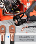 All In One Battery Cable Lug Crimping Tool Kit For 8 To One Zero AWG With 63 Copper Lugs And 25 Heat Shrink Tubes Wire Cutter And Stripper One Hand Adjustable Crimp Tool For Copper And Aluminum Cables in use with 6X1/4 copper lugs and embossed die code hexagonal crimps.