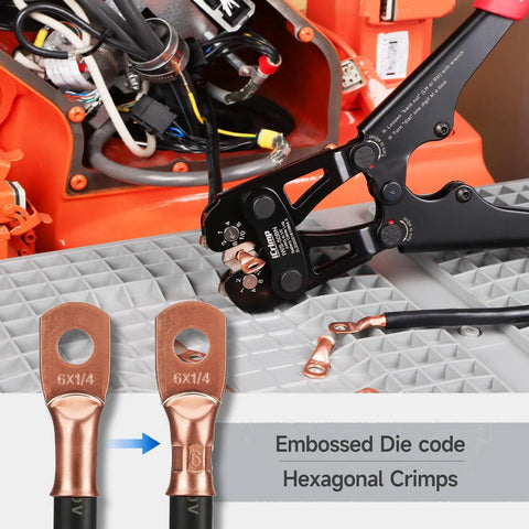 All In One Battery Cable Lug Crimping Tool Kit For 8 To One Zero AWG With 63 Copper Lugs And 25 Heat Shrink Tubes Wire Cutter And Stripper One Hand Adjustable Crimp Tool For Copper And Aluminum Cables in use with 6X1/4 copper lugs and embossed die code hexagonal crimps.
