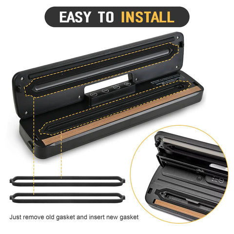 Front view of a black vacuum sealer with replacement foam saver rubber gaskets (6-pack) for GERYON E2900/E2901.