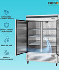 54 Inch Bottom Mount Double Door Commercial Reach In Freezer 49 Cubic Feet Stainless Steel with open doors and shelves.