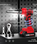 Fullyea Cordless Electric Rivet Gun With Brushless Motor, Two Batteries And Fast Charger showing replaceable nozzle, LED light, and battery display.