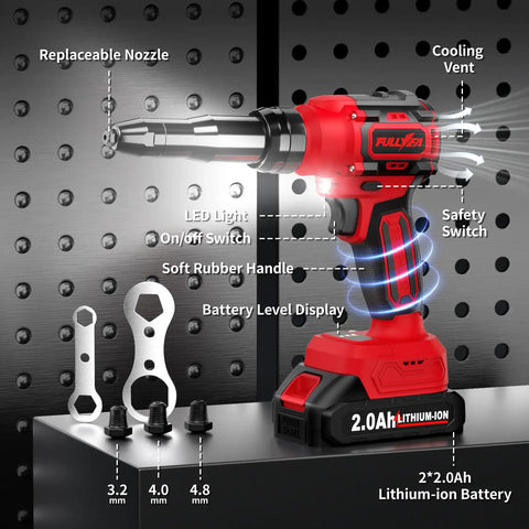 Fullyea Cordless Electric Rivet Gun With Brushless Motor, Two Batteries And Fast Charger showing replaceable nozzle, LED light, and battery display.