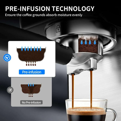 Close-up of a 20 Bar Espresso Machine With Hot Brew And Rapid Cold Brew, showcasing pre-infusion feature in silver.