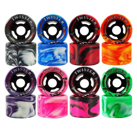 Various colors of Twister Swirl Quad Indoor Speed Roller Skate Wheels 62mm x 42mm 96A for indoor skating with psychedelic design.