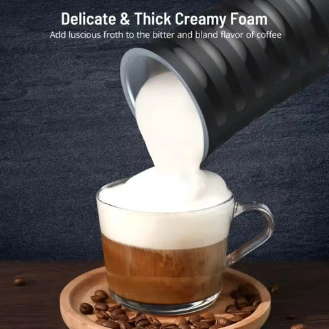 4 In 1 Milk Steamer And Frother For Hot And Cold Foam With Temperature Control And Auto Shut Off pouring foam into coffee