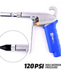 Pro Grade High Flow Air Blow Gun Kit with 9 Blower Tips and 6 Inch Extensions for Quick Cleanups featuring blue handle and nozzle tip