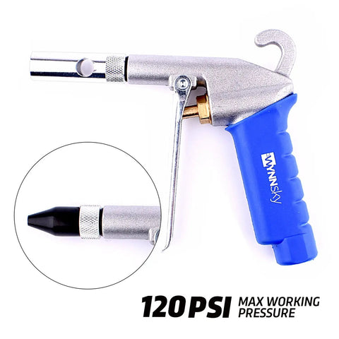 Pro Grade High Flow Air Blow Gun Kit with 9 Blower Tips and 6 Inch Extensions for Quick Cleanups featuring blue handle and nozzle tip