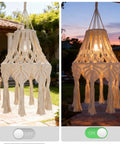 AVAMERY Boho Chic Macrame Pendant Lights with Tassels illuminated at sunset, cotton rope hanging lamp with tassels.