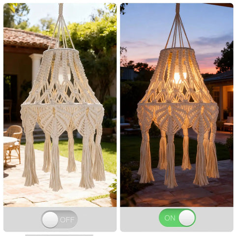AVAMERY Boho Chic Macrame Pendant Lights with Tassels illuminated at sunset, cotton rope hanging lamp with tassels.