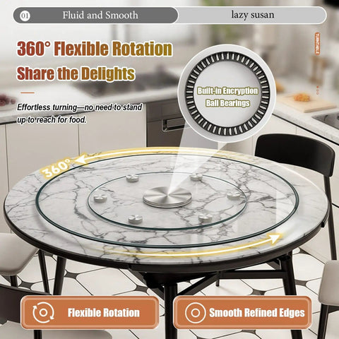 Tempered Glass Lazy Susan Turntable For Dining Table, 360 Degree Ultra Smooth Quiet Spin with six-wheel rotating tray on marble table.