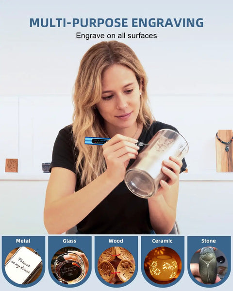 Person using Wireless Engraving Pen Kit With 34 Bits 3 Speed Control Two Part Collet Lock Includes Practice Materials And Stencils