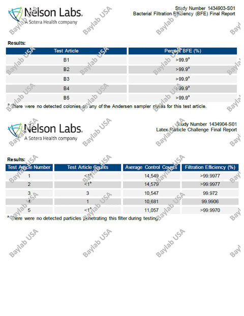 Lab results for KN95 Disposable Face Mask 5 Layer Filtration White Pack Of 20, BFE and Particle Challenge efficiency percentages