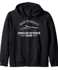 Hawaiian Outrigger Canoe Zip Hoodie For Boat Builders And Boat Lovers, Oceanic Craft Enthusiasts Gift For Dad, Christmas, Birthday, Or Crew Members Who Love Boats And Carpentry displayed on black hoodie with shipwright design.