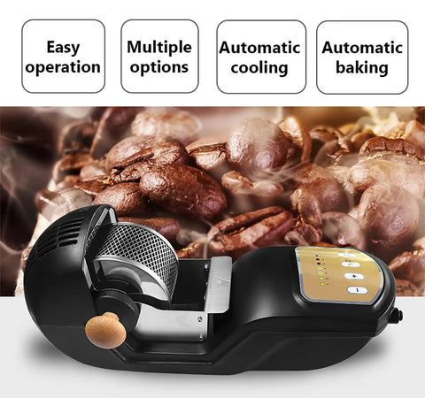 Top Notch Electric Coffee Roaster Rocking A Heavy Duty Stainless Steel Drum With Slick One Knob Control For Light To Dark Roasts And Serving Straight Up Fresh Cup Bliss Daily, showing control panel and rotating drum.