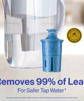 Everyday Elite Water Filter Pitcher Knocks Out 99 Percent Of Lead BPA Free 10 Cup Capacity with blue filter in foreground