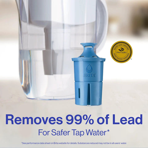 Everyday Elite Water Filter Pitcher Knocks Out 99 Percent Of Lead BPA Free 10 Cup Capacity with blue filter in foreground